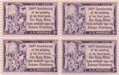 1952 Gutenberg Bible Block of 4 3c Postage Stamps, MNH, OG