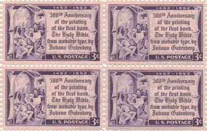1952 Gutenberg Bible Block of 4 3c Postage Stamps, MNH, OG