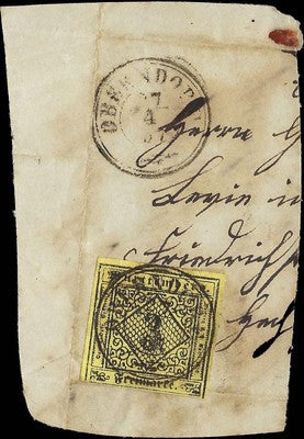 c1851 Wurttemberg 3kr - Scott 2 - Used on Cover Piece