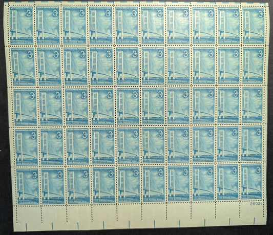 1958 USA 3c Mackinac Bridge Sheet -Scott 1109 -MNH, Undisturbed OG -No Sig Flaws
