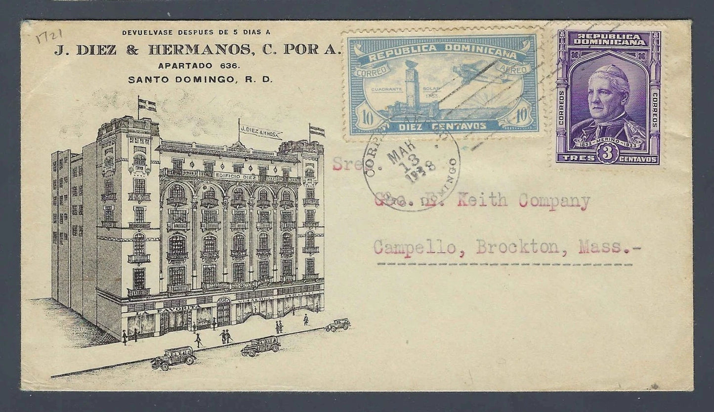 1938 Dominican Republic Illustrated Commercial Cover Santo Domingo to Mass