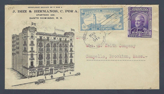 1938 Dominican Republic Illustrated Commercial Cover Santo Domingo to Mass