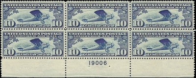 c1927 - #C10 10c Lindbergh Planes Plate # Block of 6 - MH, OG - Perfs Solid