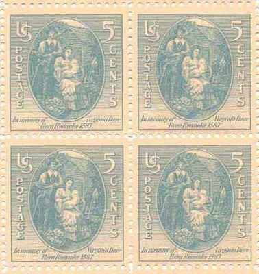 1937 Virginia Dare Block of 4 5c Postage Stamps - Scott 796 - MNH, OG
