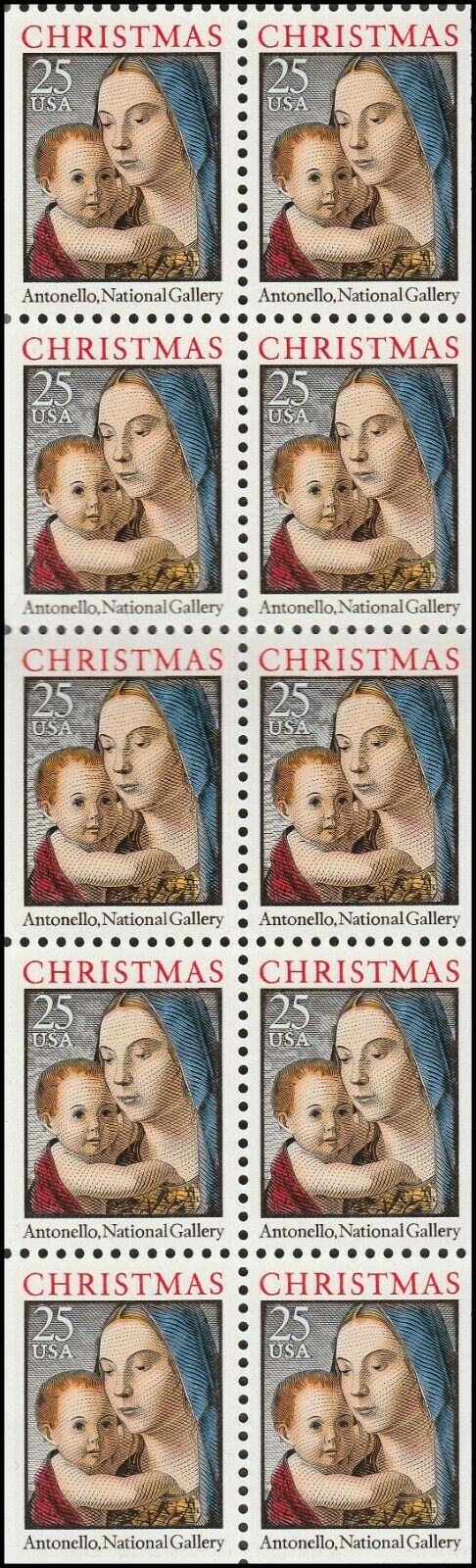 1990 Christmas Madonna By Antonello Stamp Booklet Pane Of 10 25c Postage Stamps - Scott BK180, 2514 - CX774