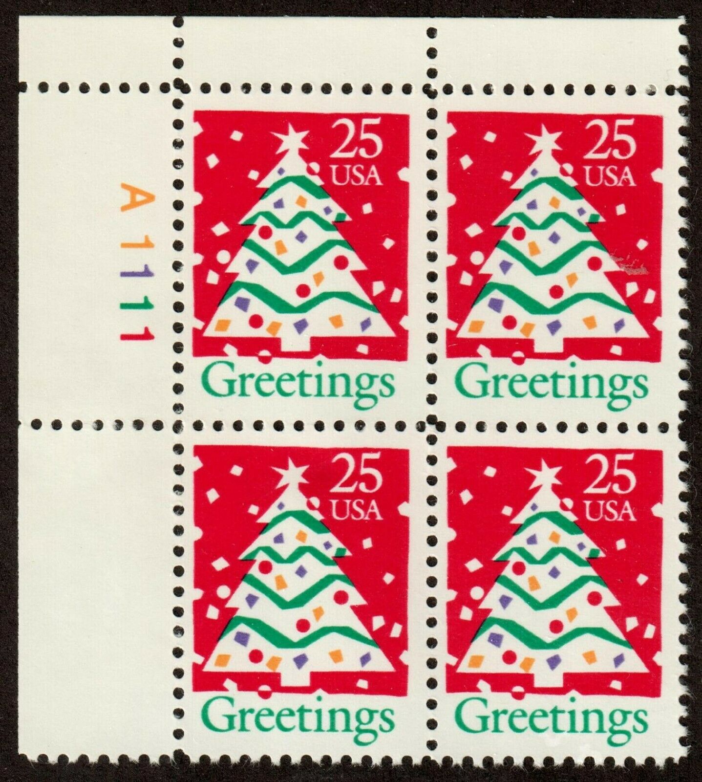 1990 Christmas Tree Plate Block of 4 25c Postage Stamps - MNH, OG - Scott 2515
