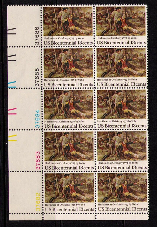 1977 USA Bicentennial Herkimer At Oriskany Plate Block Of 10 13c Postage Stamps - Scott 1722 - MNH, OG - CW35a