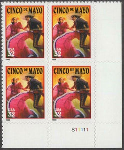 1998 Cinco De Mayo Plate Block of 4 32c Postage Stamps - MNH, OG - Sc# 3203