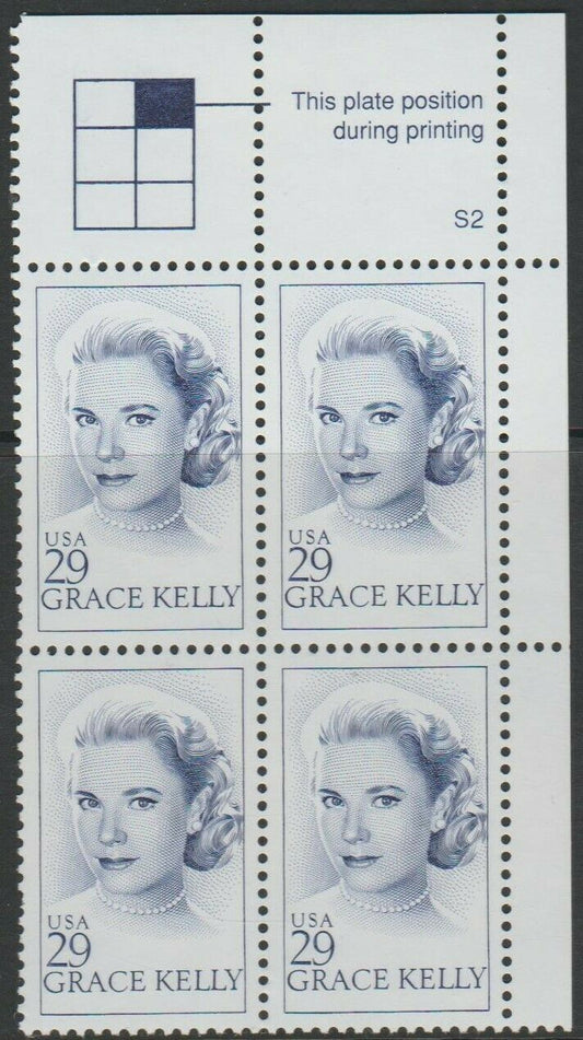 1993 Grace Kelly Plate Block of 4 29c Postage Stamps - MNH, OG - Scott 2749