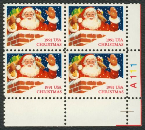 1991 Christmas Santa Plate Block Of 4 29c Postage Stamps - Sc# 2579 -MNH, OG - DS158