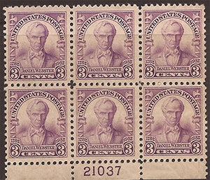 1932 Daniel Webster Plate Block of 6 3c Postage Stamps - Sc#725 - MNH-OG