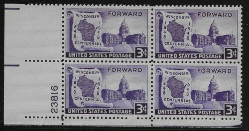 1948 Wisconsin Centennial Plate Block of 4 3c Postage Stamps - MNH, OG - Scott 957 - CX929