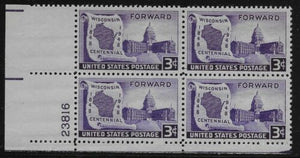 1948 Wisconsin Centennial Plate Block of 4 3c Postage Stamps - MNH, OG - Sc# 957 - CX929