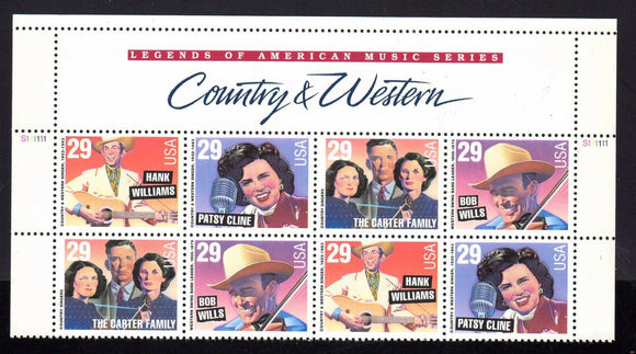 1993 Country & Western Music Block Of 8 With Banner 29c Postage Stamps - MNH, OG - Sc# 2771-2774 - CW383e