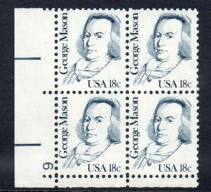 1981 George Mason, Founding Father Plate Block Of 4 18c Postage Stamps - Sc# 1858 - MNH - CX810a