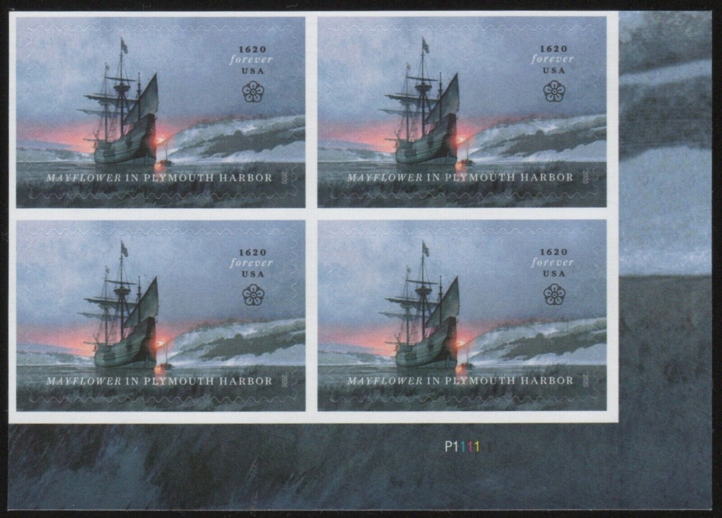 2020 Mayflower Landing Plate Block of 4 Forever Postage Stamps - MNH, OG - Scott 5524