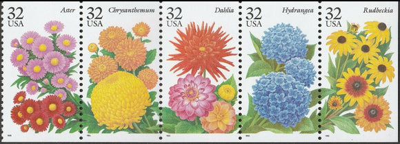 1995 Aster & Other Garden Flowers Sc # 2993-2997 Booklet Pane Of 5 32c Postage Stamps - MNH - (CX828)