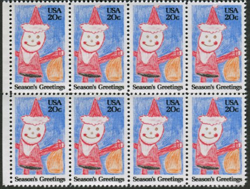 1984 Crayon Santa Christmas Stickers - Block of 8 20c Postage Stamps - Scott 2108