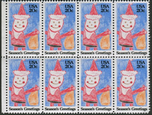 1984 Crayon Santa Christmas Stickers - Block of 8 20c Postage Stamps - Sc# 2108