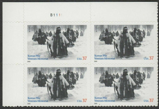 2003 Korean War Veterans Memorial Plate Block of 4 37c Postage Stamps - MNH, OG - Scott 3803