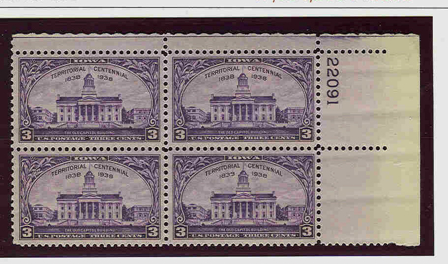 1938 Iowa Territory  Centennial Plate Block of 4 3c Postage Stamps -  Scott 838 - MNH,OG
