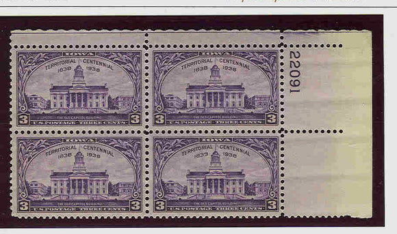 1938 Iowa Territory  Centennial Plate Block of 4 3c Postage Stamps -  Sc# 838 - MNH,OG