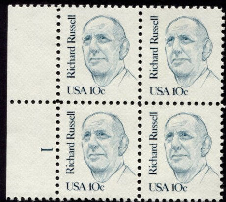 1984 Richard Russell Plate Block of 4 10c Postage Stamps - MNH, OG - Scott 1853