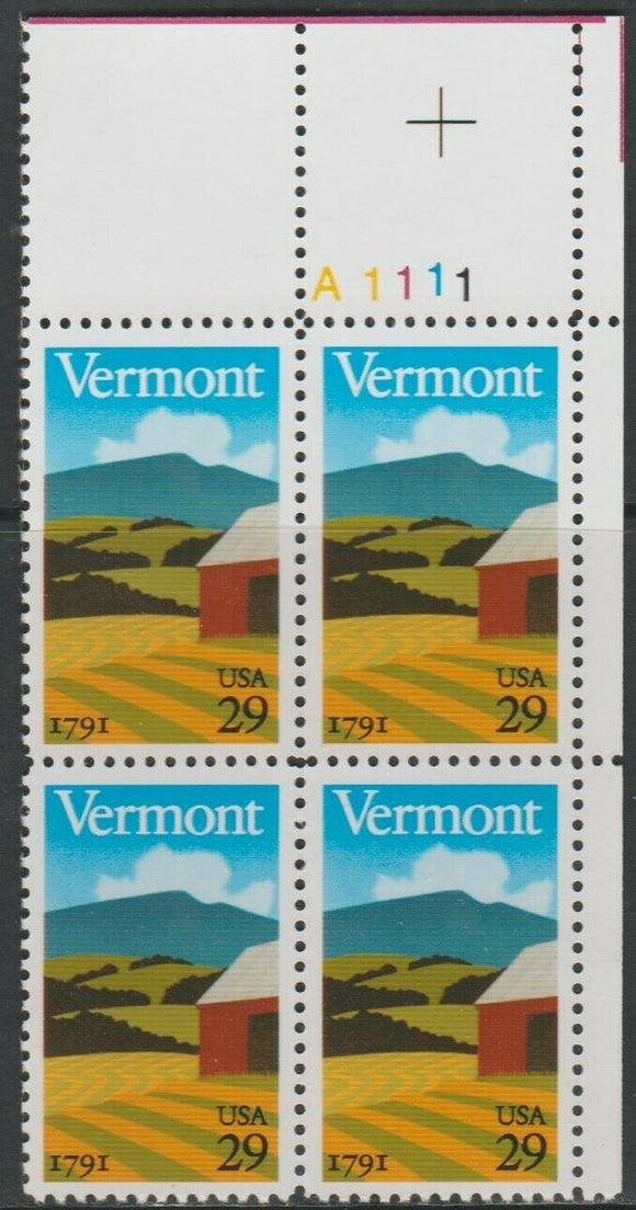 1991 Vermont Statehood, 200th Anniv. Plate Block of 4 29c Postage Stamps - MNH, OG - Sc# 2533