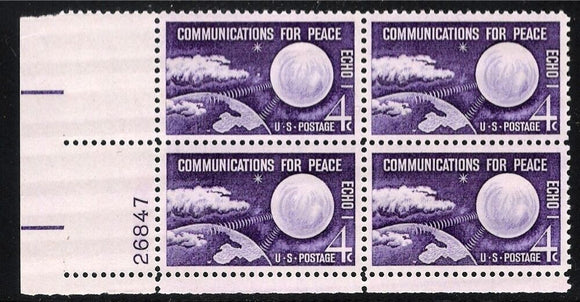 1960 Communications For Peace - Echo 1 Plate Block Of 4 4c Postage Stamps - Sc# -1173 - MNH, OG - CX667