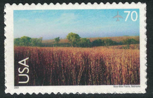 2001 Nine-Mile Prairie, Nebraska Single 70c Postage Stamp - Scott C136 - DM167a