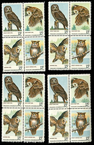 1978 American Owls - Great Gray Owl - Saw-Whet Owl - Barred Owl - Great Horned Owl - Set of 4 Blocks Of 4 (16) 15c Postage Stamps - Scott 1760-1763