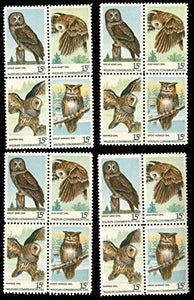 1978 American Owls - Great Gray Owl - Saw-Whet Owl - Barred Owl - Great Horned Owl - Set of 4 Blocks Of 4 (16) 15c Postage Stamps - Sc# 1760-1763