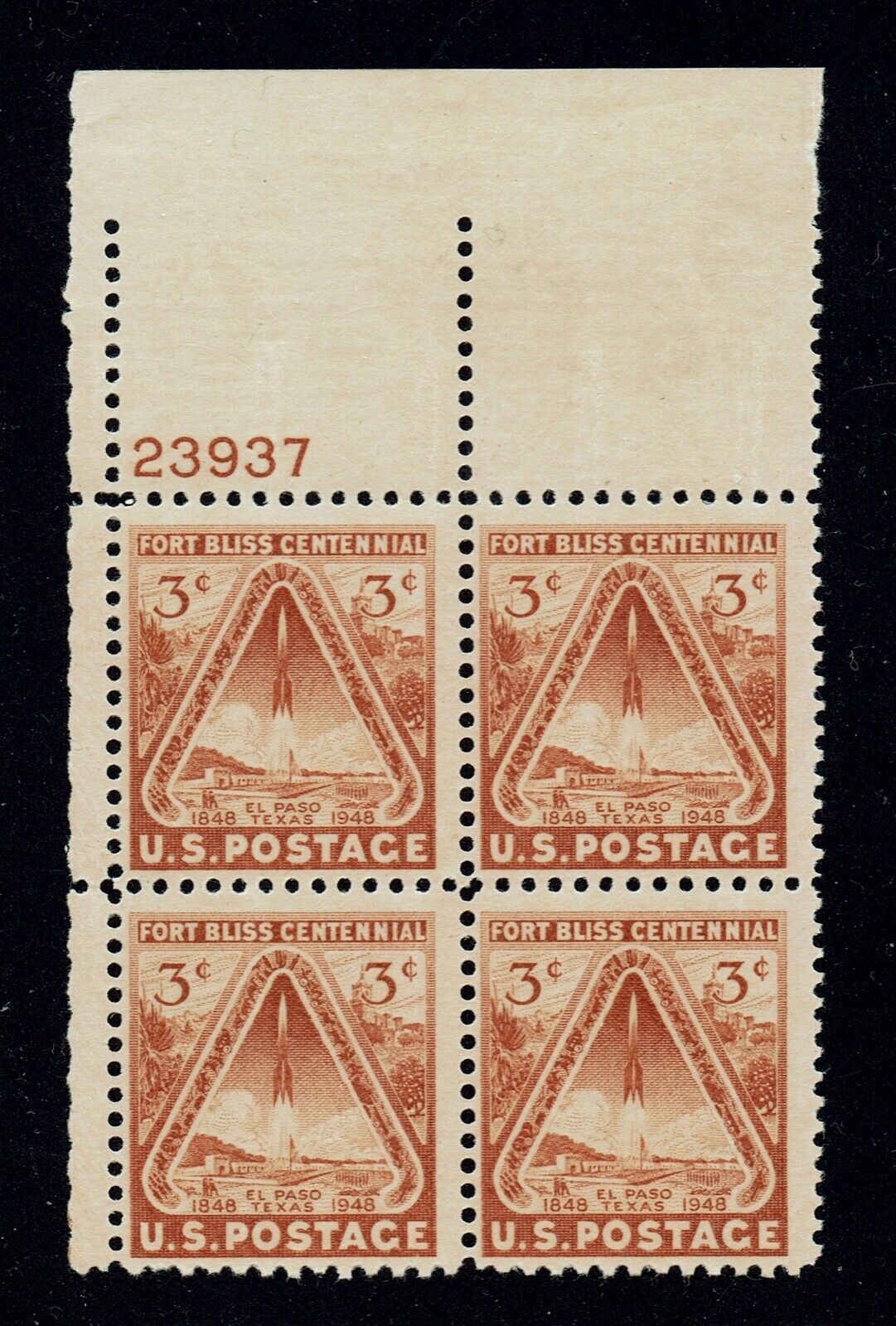1948 Fort Bliss Centennial Plate Block of 4 3c Postage Stamps - MNH, OG - Scott 976