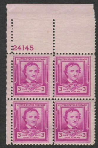 1949 Edgar Allen Poe Plate Block of 4 3c Postage Stamps - MNH, OG - Scott 986