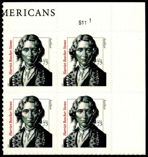 2000-09 Harriet Beecher Stowe Plate Block of 4 75c Postage Stamps -Scott 3430 - MNH, OG - CX792