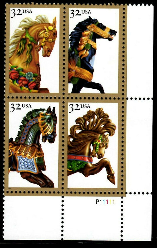 1995 Carousel Horses Plate Block Of 4 32c Postage Stamps Scott 2976-2979 - MNH -DS106