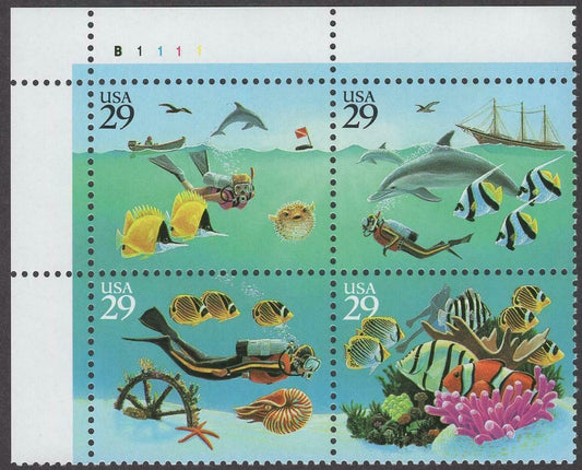 1994 Wonders Of The Sea Plate Block Of 4 29c Postage Stamps - Scott 2863-2866 - MNH, OG - CX481