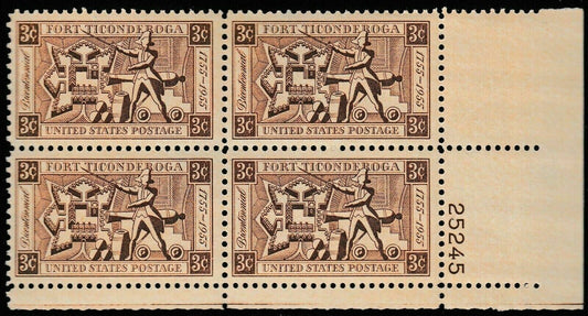 1955 Fort Ticonderoga Plate Block of 4 3c Postage Stamps - MNH, OG - Scott 1071