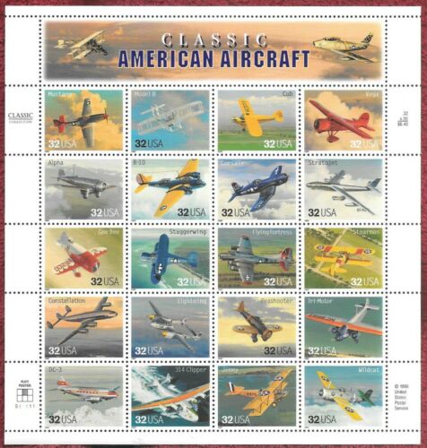 1997 Classic American Aircraft Sheet of 20 32c Postage Stamps - MNH, OG -Scott 3142 - CV24