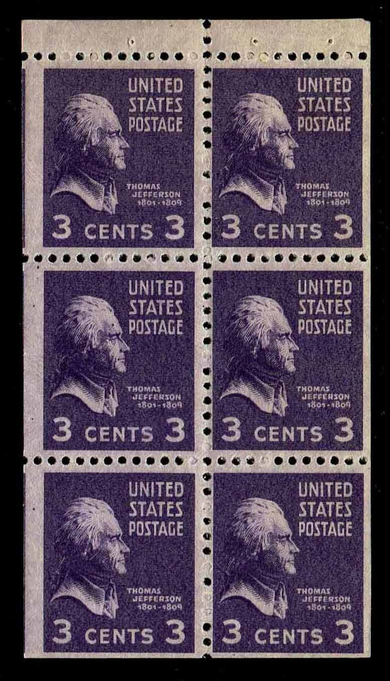 1938 President Thomas Jefferson Booklet Pane of 4 3c Postage Stamps - MNH, OG - Scott 807a