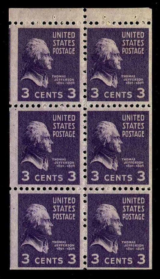1938 President Thomas Jefferson Booklet Pane of 4 3c Postage Stamps - MNH, OG - Scott 807a