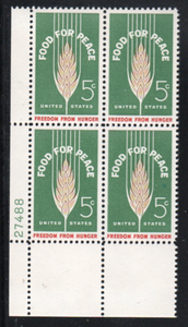 1963 Food For Peace Plate Block Of 4 5c Postage Stamps - MNH, OG - Sc# 1231 - CX274