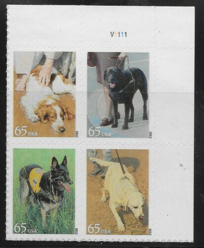 2012 Dogs at Work Plate Block of 4 65c Postage Stamps - MNH, OG - Scott 4604-4607