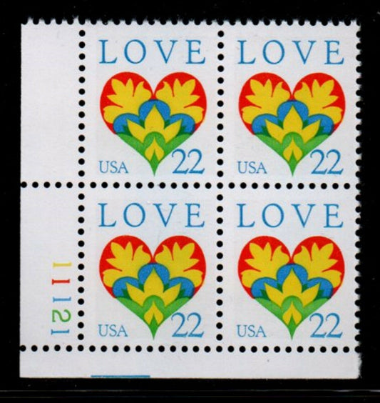 1987 Love Issue Plate Block of 4 22c Postage Stamps - MNH, OG - Scott 2248