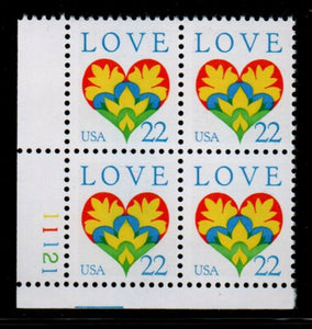1987 Love Issue Plate Block of 4 22c Postage Stamps - MNH, OG - Sc# 2248