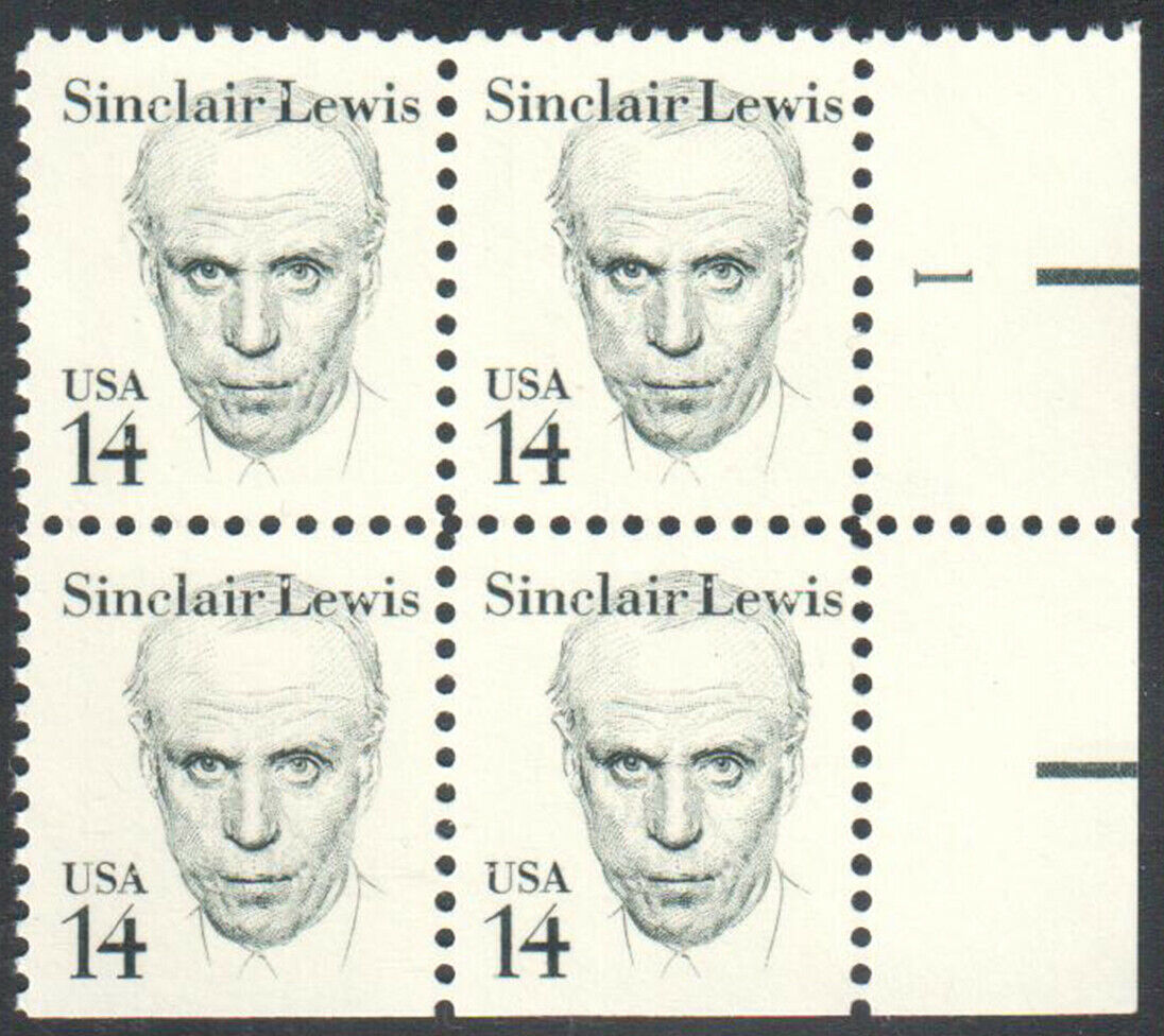 1985 Sinclair Lewis Plate Block of 4 14c Postage Stamps - MNH, OG - Scott 1856