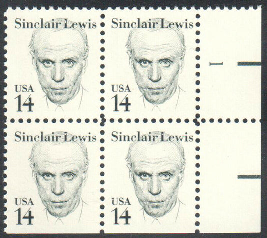 1985 Sinclair Lewis Plate Block of 4 14c Postage Stamps - MNH, OG - Scott 1856