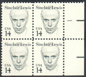 1985 Sinclair Lewis Plate Block of 4 14c Postage Stamps - MNH, OG - Sc# 1856