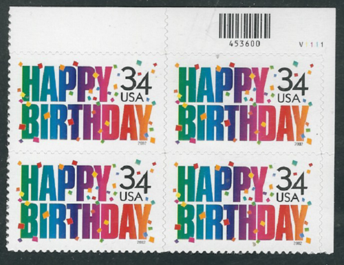 2002 Happy Birthday Plate Block of 4 34c Postage Stamps - MNH, OG - Sc# 3558