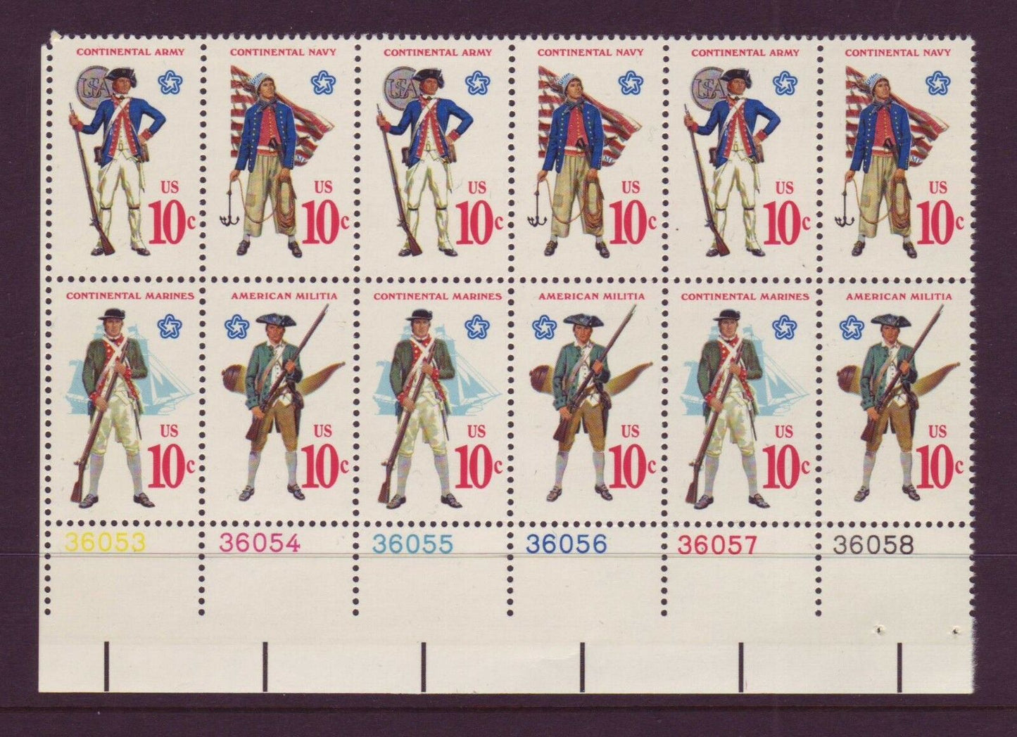 1975 Revolutionary Era Military Uniforms Plate Block of 12 Postage Stamps - MNH, OG - Scott 1565-1568